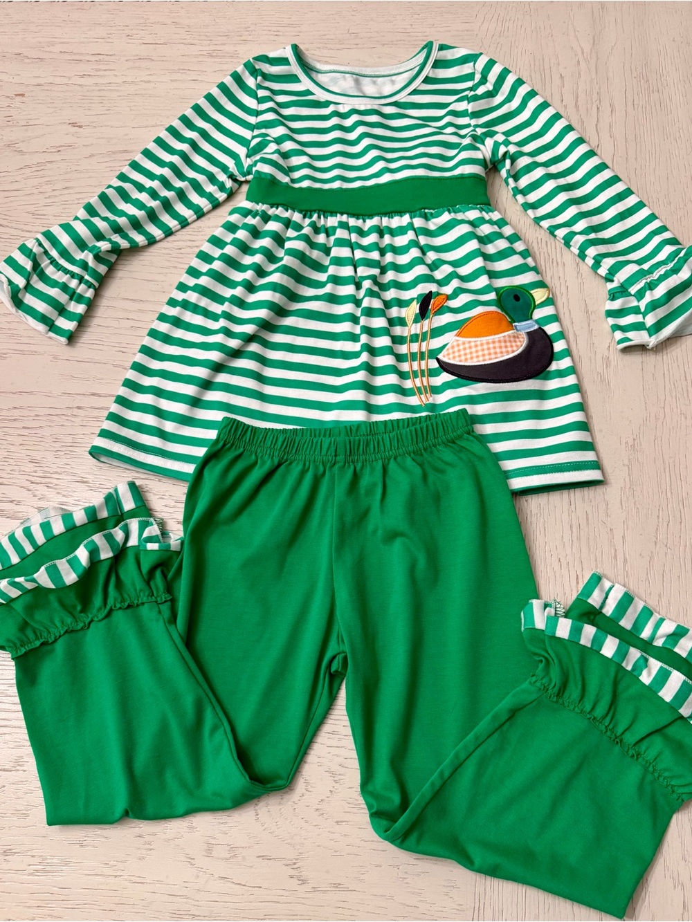 Green White Striped Duck Appliqué Two Piece Thanksgiving Fall Boutique Set 5 Yrs